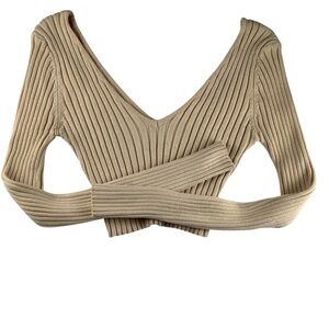 Hera Collection Women's Beige Cropped Ribbed off the shoulder Long Sleeve Top Sm